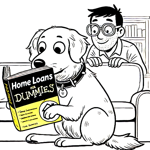 Cartoon Dog with Home Loans for Dummies Book and Surprised Owner>