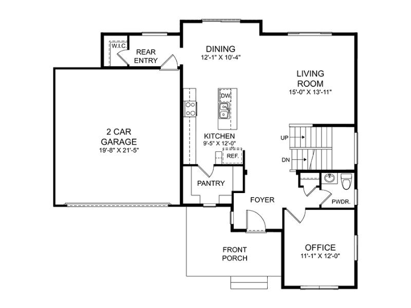 The main floor includes a front porch leading to a foyer, which provides access to a spacious living room (15'0