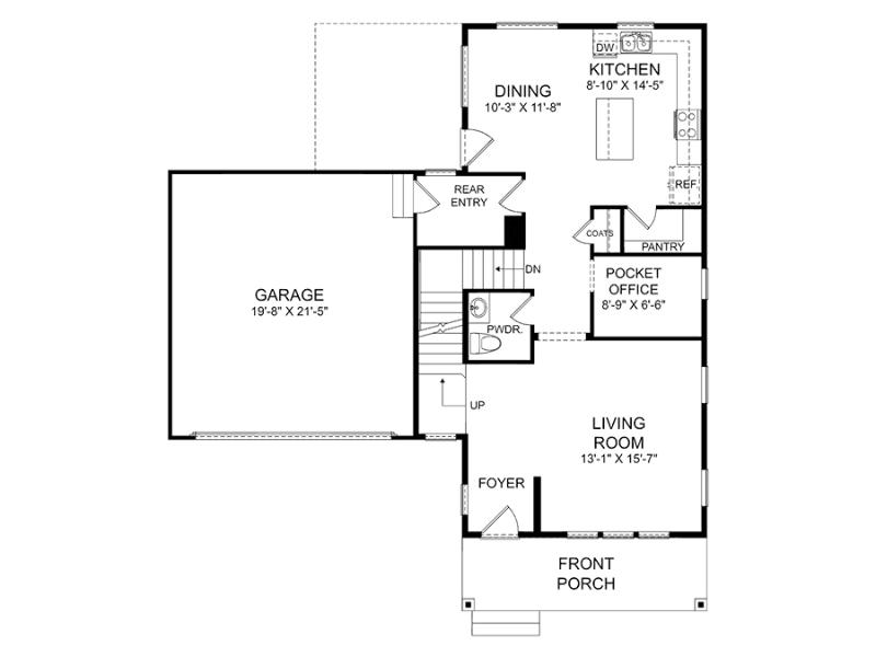 Floor plan for the main level of the Joplin model, featuring a front porch, a foyer, a living room (13'1